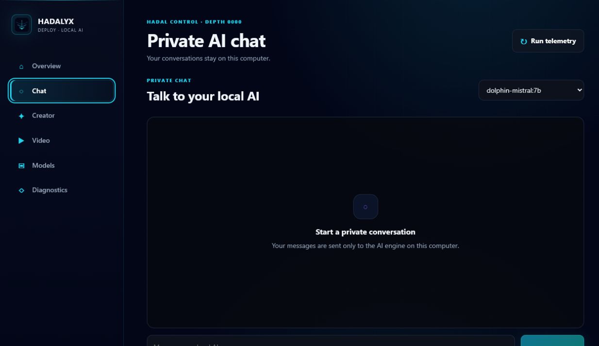 Hadalyx private chat screen with a local model selected.