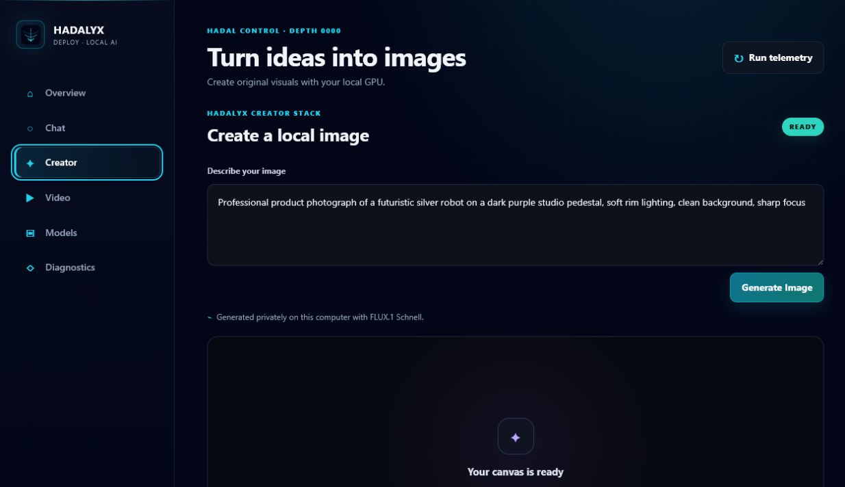 Hadalyx creator screen for generating images on the local GPU.