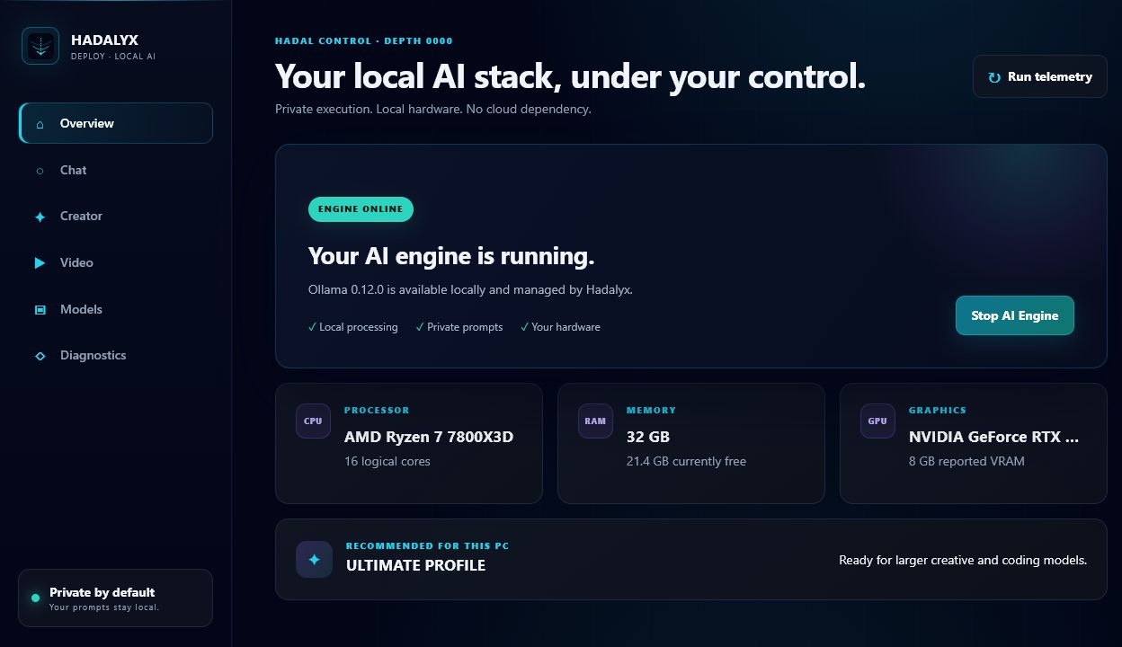 Hadalyx desktop app overview: local AI engine running on an NVIDIA GPU, with chat, creator, and video in the sidebar.