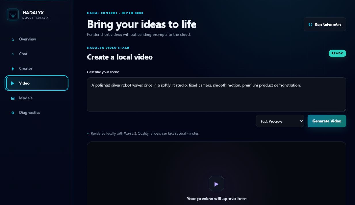 Hadalyx video screen for local text-to-video generation.